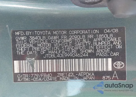 2009 Toyota Corolla из США, поврежденный, VIN JTDBL40E999046244